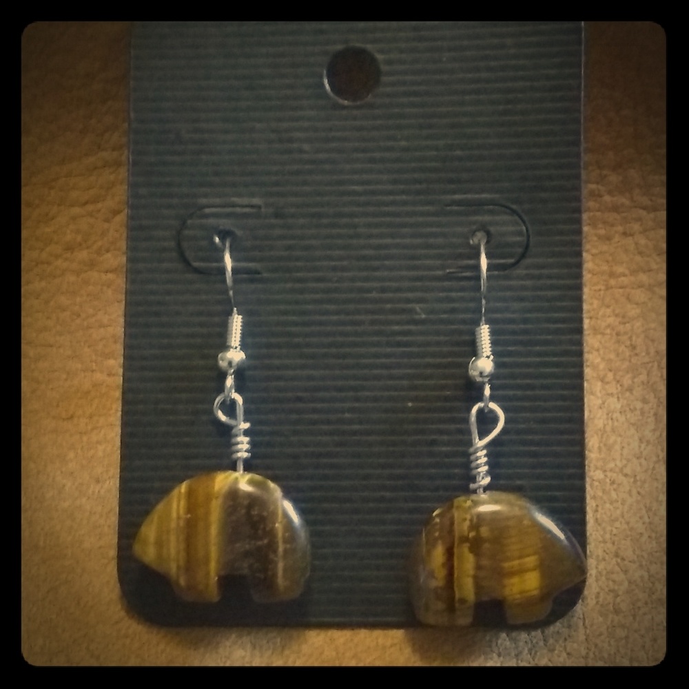 Silver tiger eye Native American bear earrings